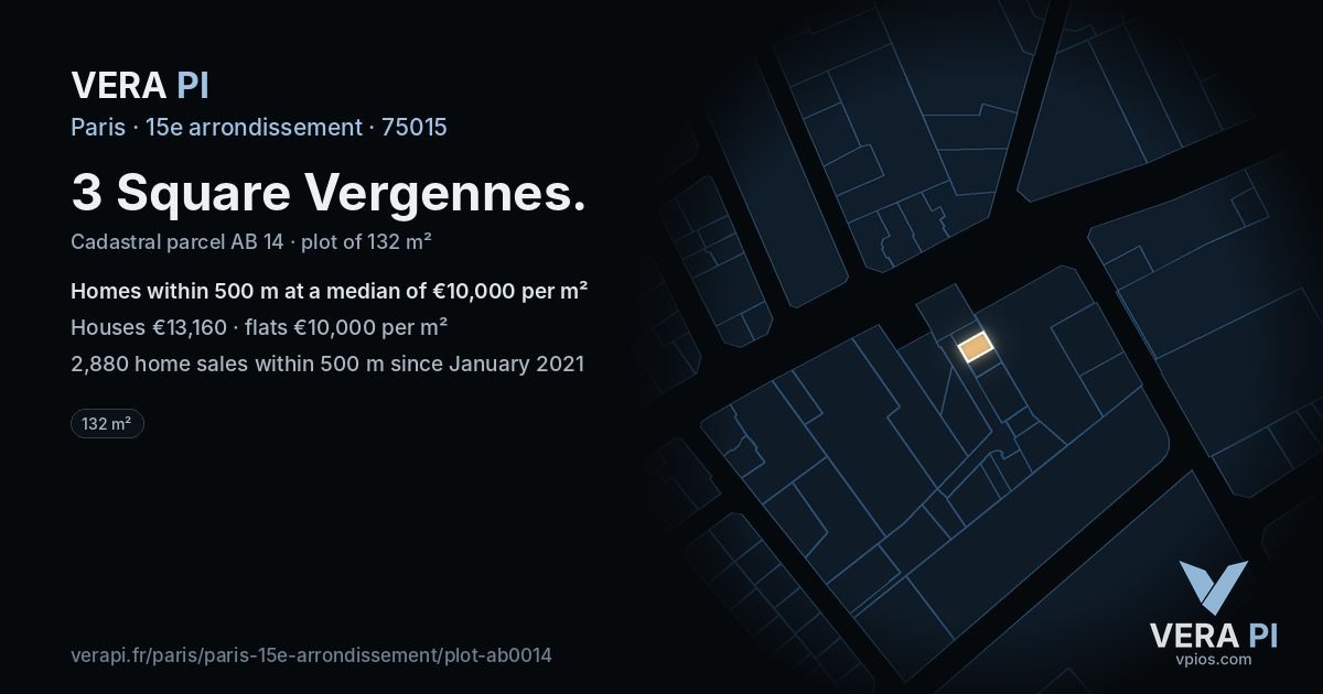 3 Square Vergennes, 15e arrondissement at night – the plot lit, the parcels around coloured by the prices near them