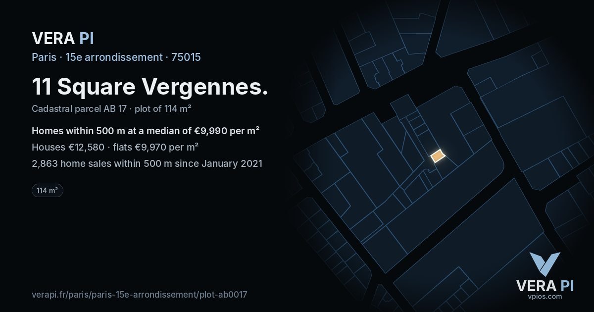 11 Square Vergennes, 15e arrondissement at night – the plot lit, the parcels around coloured by the prices near them