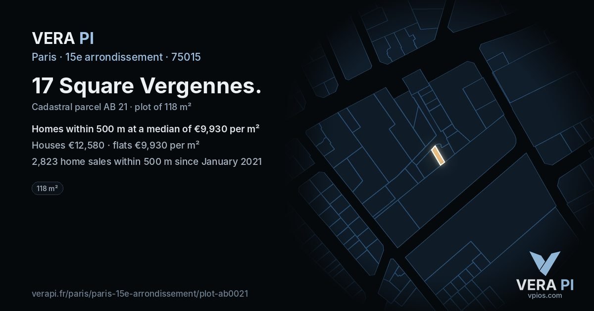 17 Square Vergennes, 15e arrondissement at night – the plot lit, the parcels around coloured by the prices near them