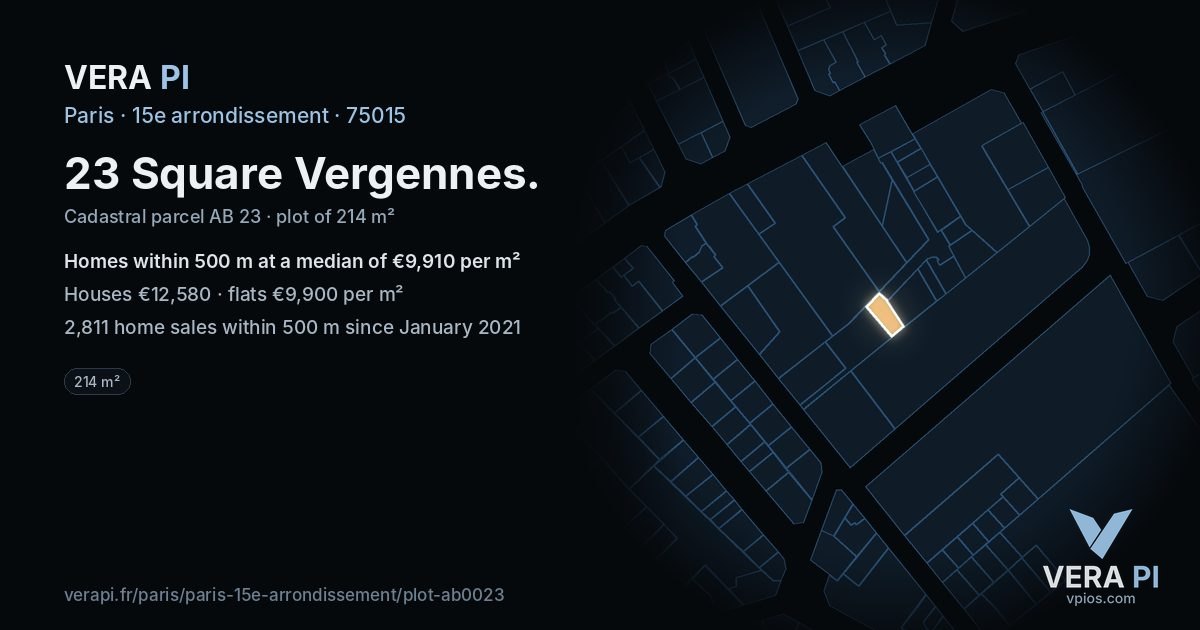 23 Square Vergennes, 15e arrondissement at night – the plot lit, the parcels around coloured by the prices near them