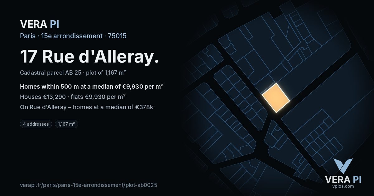 17 Rue d'Alleray, 15e arrondissement at night – the plot lit, the parcels around coloured by the prices near them