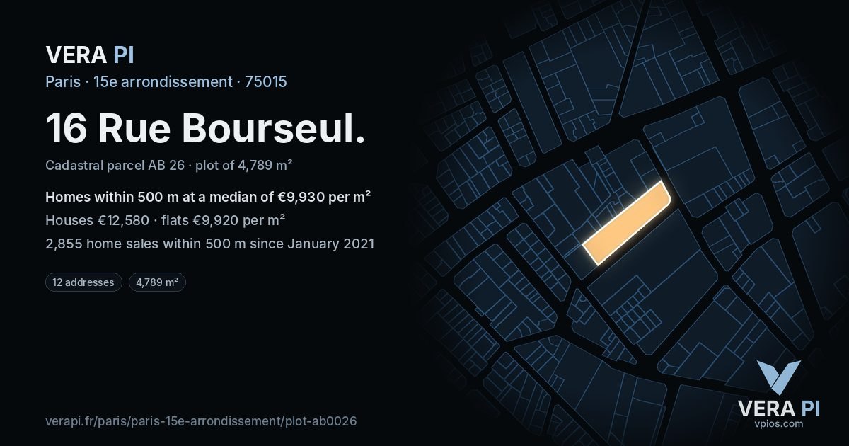 16 Rue Bourseul, 15e arrondissement at night – the plot lit, the parcels around coloured by the prices near them