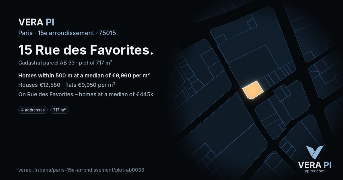 15 Rue des Favorites, 15e arrondissement at night – the plot lit, the parcels around coloured by the prices near them