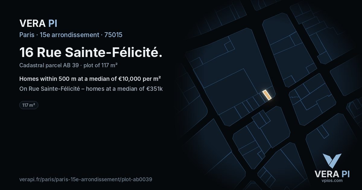 16 Rue Sainte-Félicité, 15e arrondissement at night – the plot lit, the parcels around coloured by the prices near them