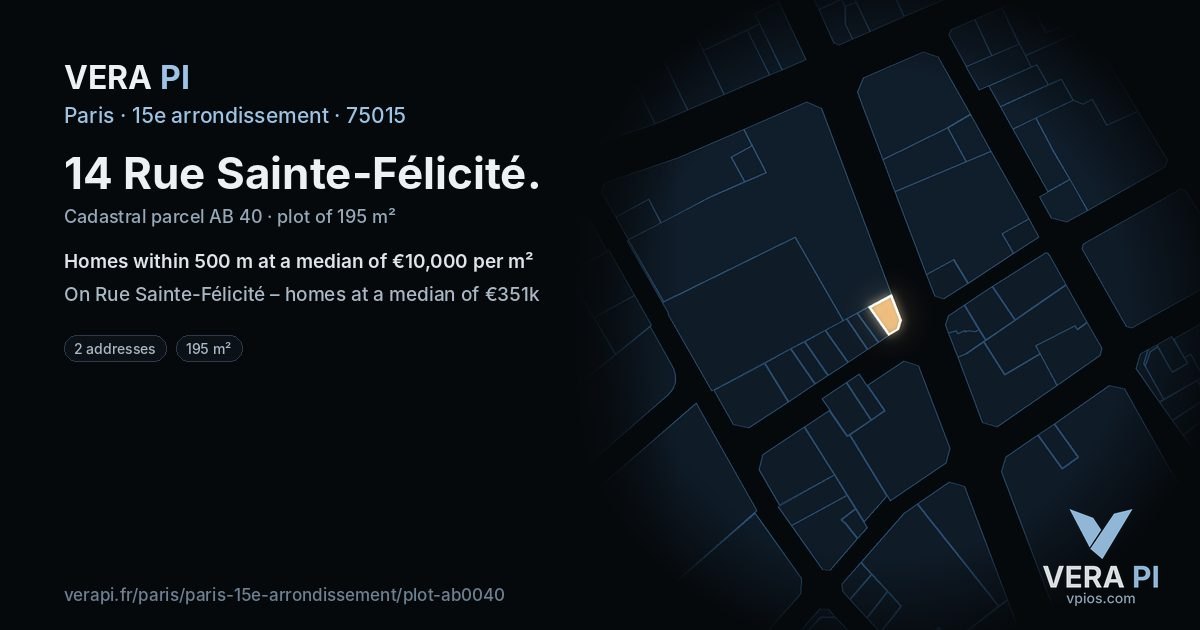 14 Rue Sainte-Félicité, 15e arrondissement at night – the plot lit, the parcels around coloured by the prices near them