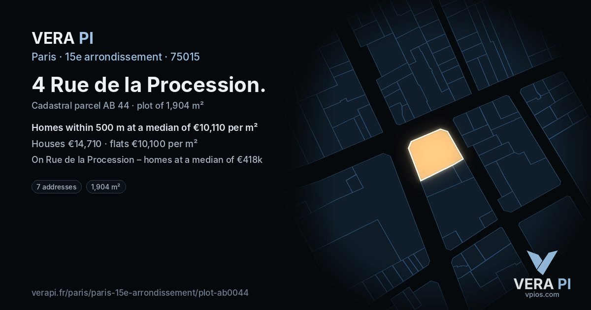 4 Rue de la Procession, 15e arrondissement at night – the plot lit, the parcels around coloured by the prices near them