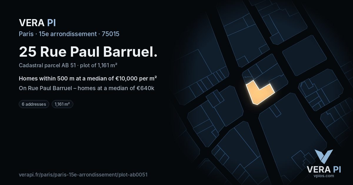 25 Rue Paul Barruel, 15e arrondissement at night – the plot lit, the parcels around coloured by the prices near them