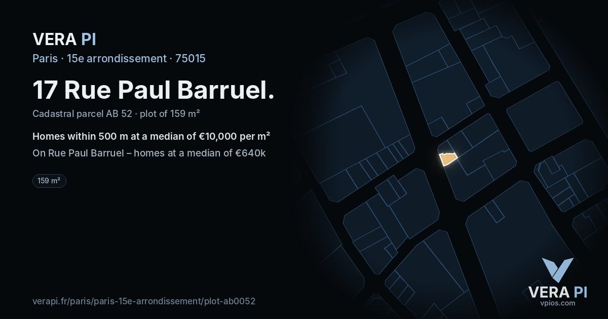 17 Rue Paul Barruel, 15e arrondissement at night – the plot lit, the parcels around coloured by the prices near them