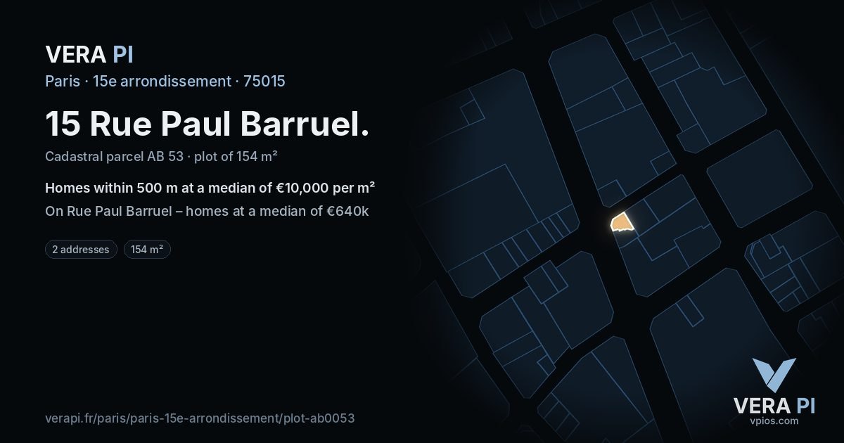 15 Rue Paul Barruel, 15e arrondissement at night – the plot lit, the parcels around coloured by the prices near them
