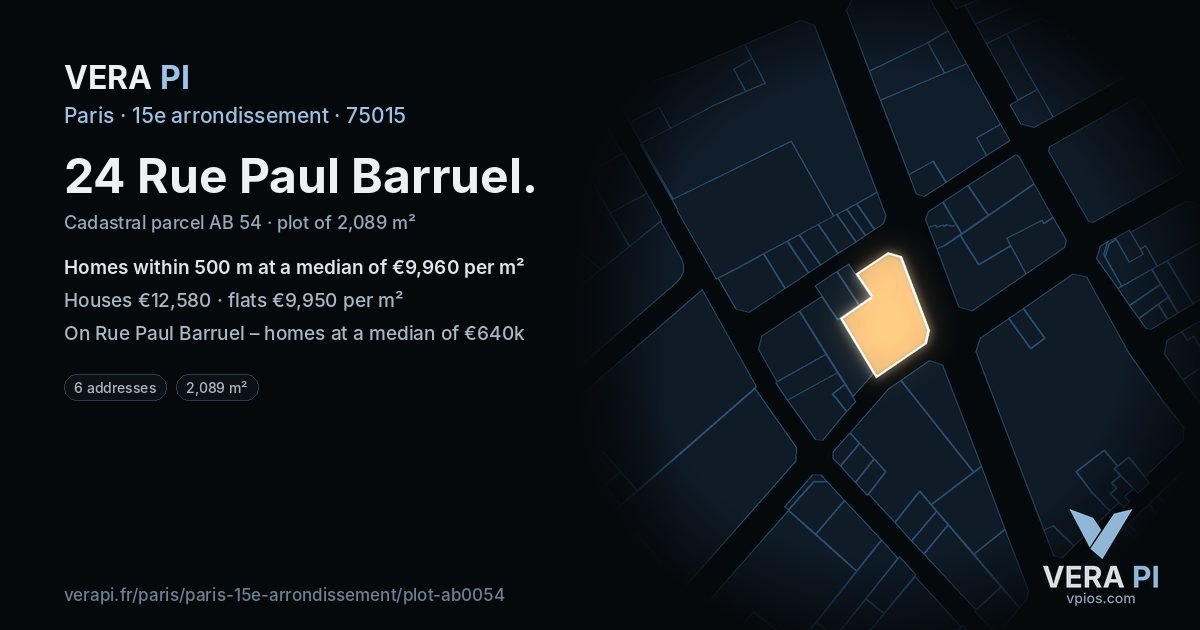 24 Rue Paul Barruel, 15e arrondissement at night – the plot lit, the parcels around coloured by the prices near them