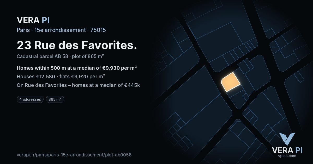 23 Rue des Favorites, 15e arrondissement at night – the plot lit, the parcels around coloured by the prices near them