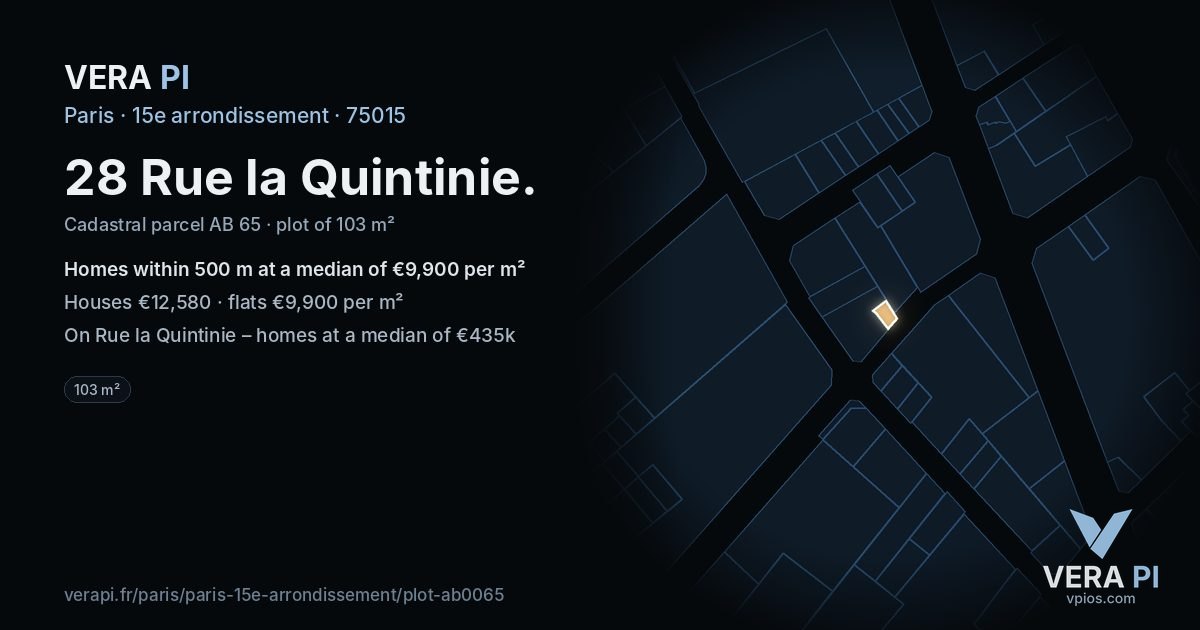 28 Rue la Quintinie, 15e arrondissement at night – the plot lit, the parcels around coloured by the prices near them