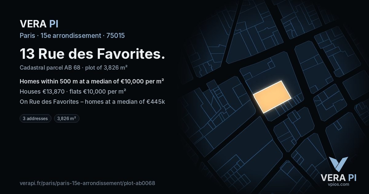 13 Rue des Favorites, 15e arrondissement at night – the plot lit, the parcels around coloured by the prices near them