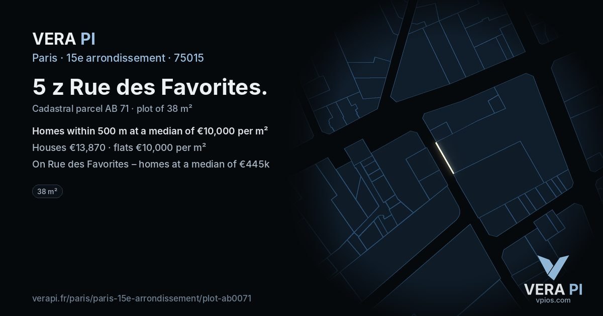 5 z Rue des Favorites, 15e arrondissement at night – the plot lit, the parcels around coloured by the prices near them