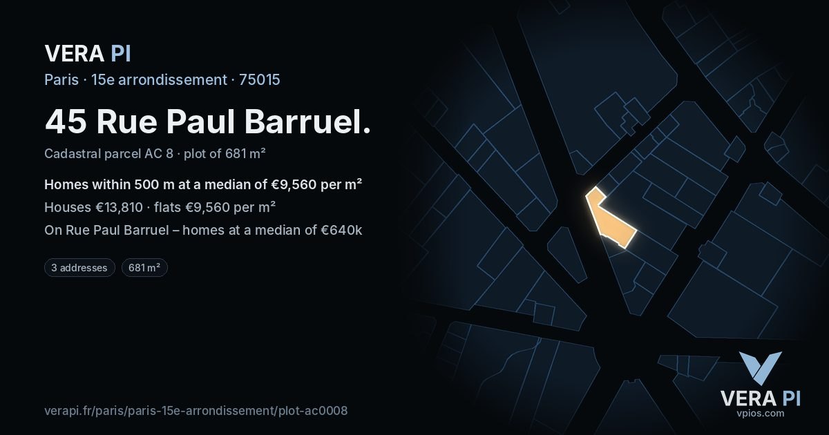 45 Rue Paul Barruel, 15e arrondissement at night – the plot lit, the parcels around coloured by the prices near them