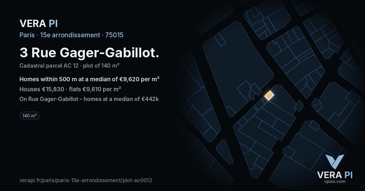 3 Rue Gager-Gabillot, 15e arrondissement at night – the plot lit, the parcels around coloured by the prices near them