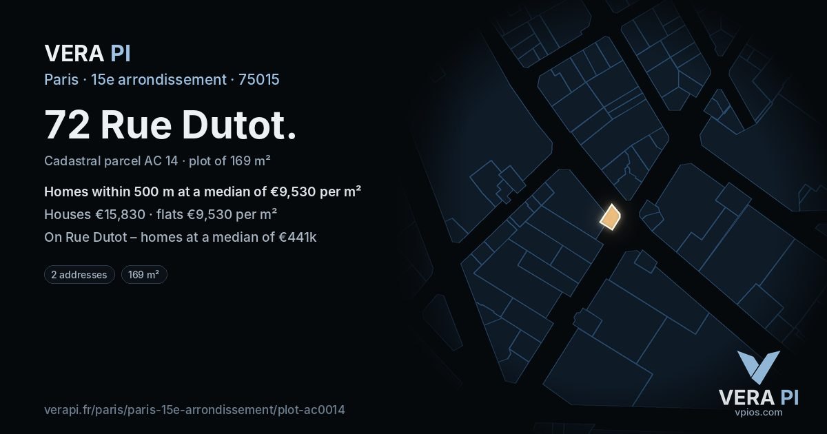 72 Rue Dutot, 15e arrondissement at night – the plot lit, the parcels around coloured by the prices near them