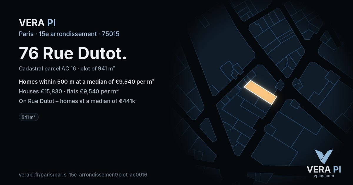 76 Rue Dutot, 15e arrondissement at night – the plot lit, the parcels around coloured by the prices near them