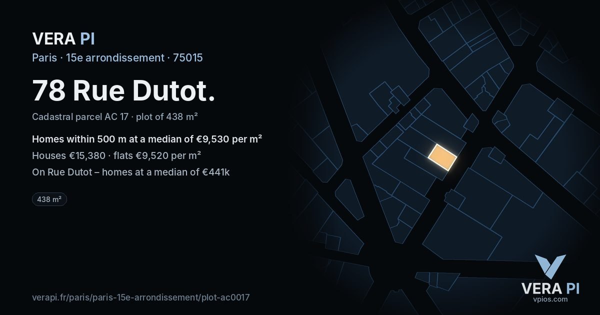 78 Rue Dutot, 15e arrondissement at night – the plot lit, the parcels around coloured by the prices near them