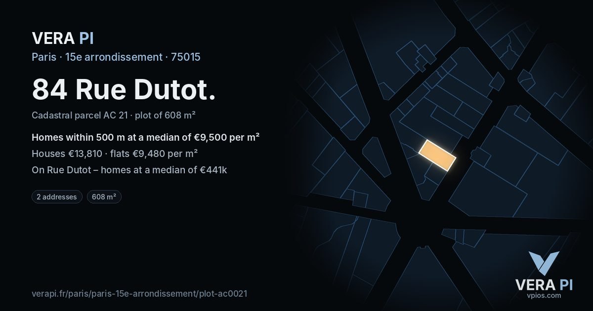 84 Rue Dutot, 15e arrondissement at night – the plot lit, the parcels around coloured by the prices near them