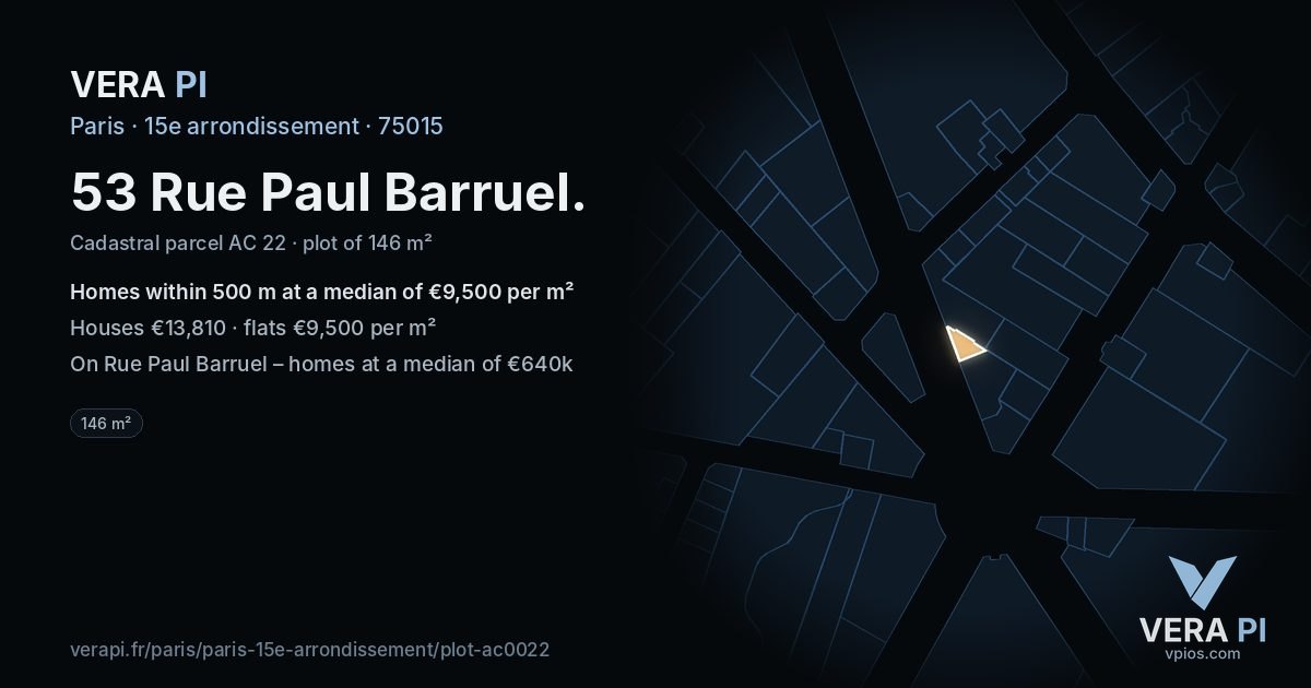 53 Rue Paul Barruel, 15e arrondissement at night – the plot lit, the parcels around coloured by the prices near them