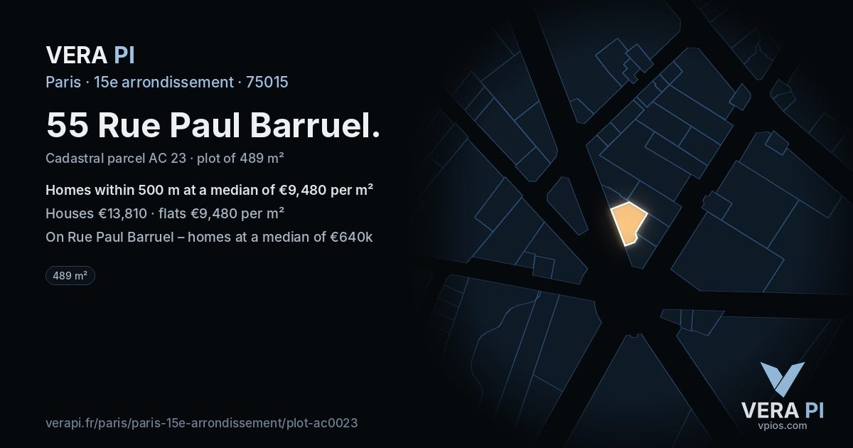 55 Rue Paul Barruel, 15e arrondissement at night – the plot lit, the parcels around coloured by the prices near them