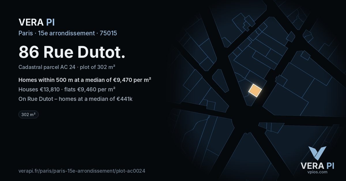 86 Rue Dutot, 15e arrondissement at night – the plot lit, the parcels around coloured by the prices near them