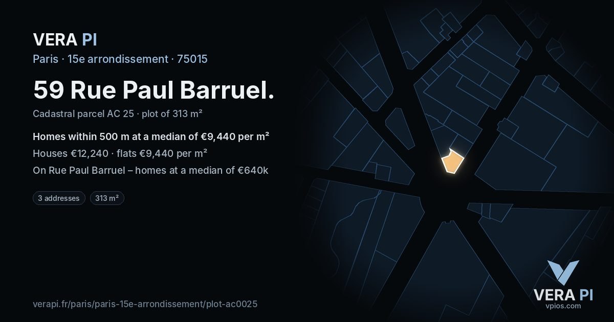 59 Rue Paul Barruel, 15e arrondissement at night – the plot lit, the parcels around coloured by the prices near them