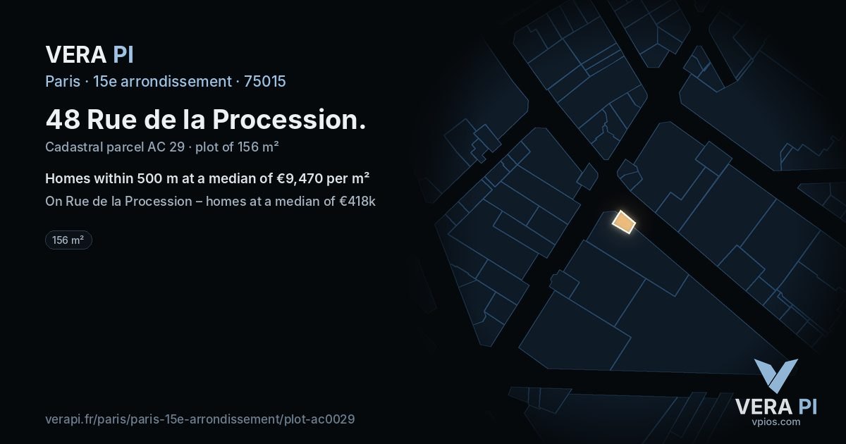 48 Rue de la Procession, 15e arrondissement at night – the plot lit, the parcels around coloured by the prices near them