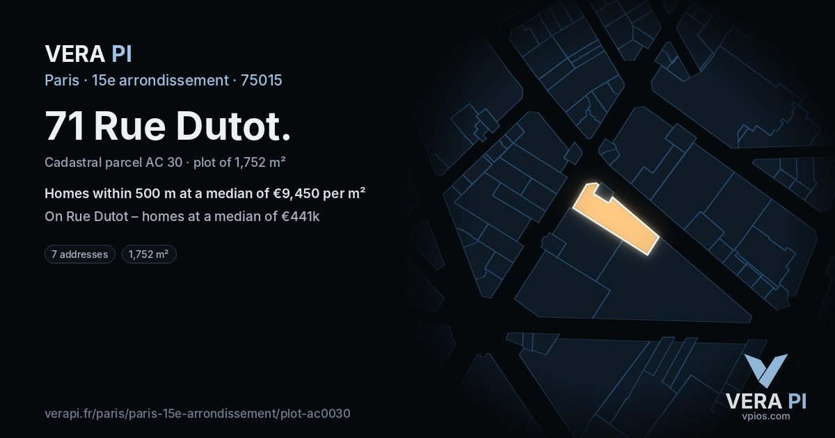 71 Rue Dutot, 15e arrondissement at night – the plot lit, the parcels around coloured by the prices near them