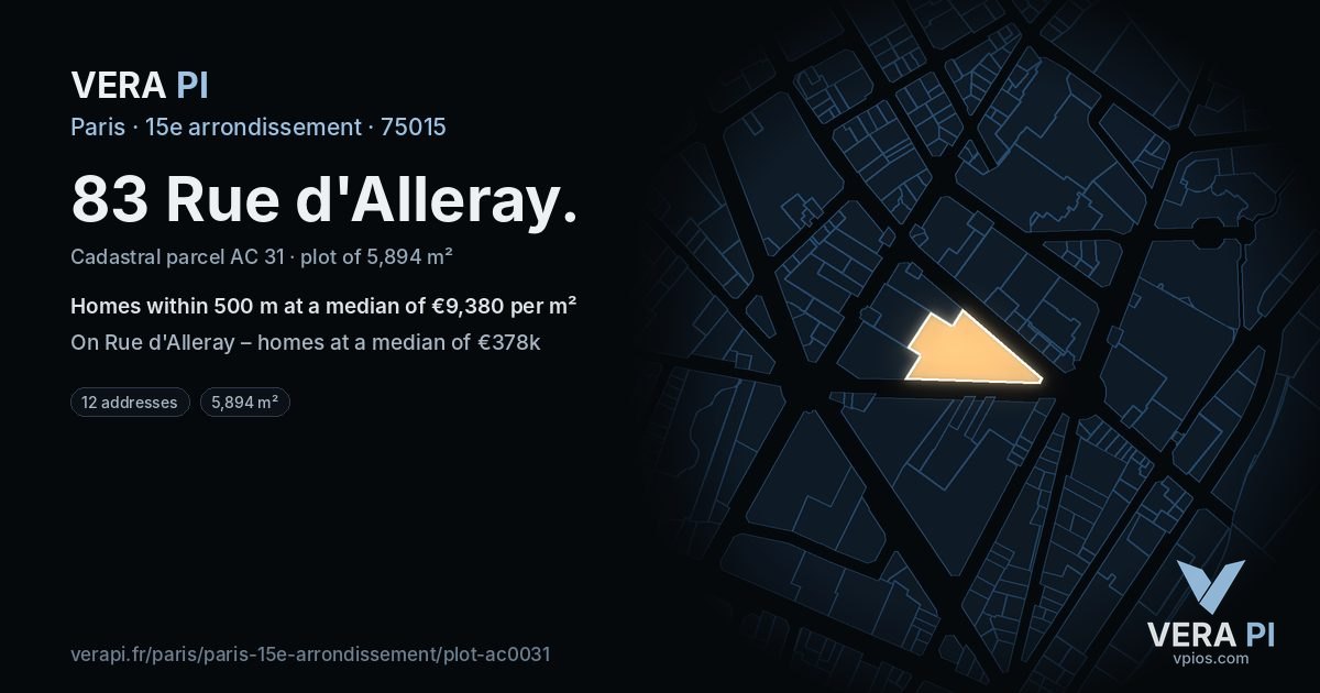 83 Rue d'Alleray, 15e arrondissement at night – the plot lit, the parcels around coloured by the prices near them
