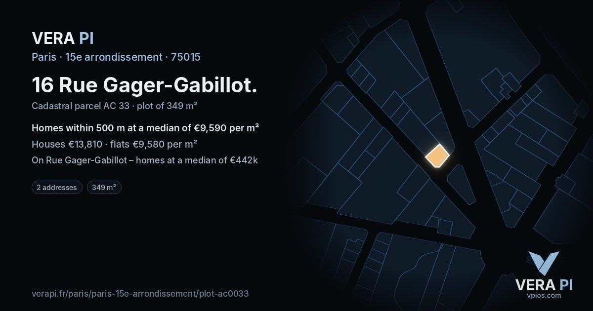 16 Rue Gager-Gabillot, 15e arrondissement at night – the plot lit, the parcels around coloured by the prices near them