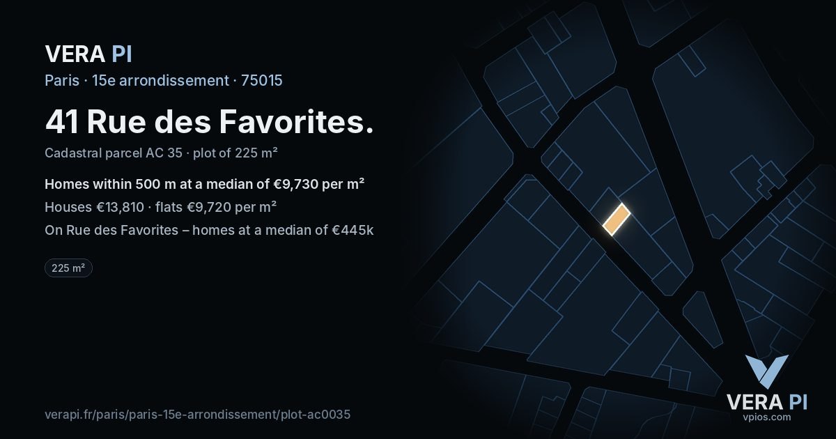 41 Rue des Favorites, 15e arrondissement at night – the plot lit, the parcels around coloured by the prices near them