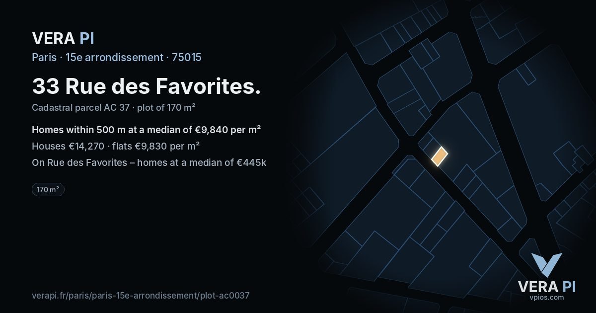 33 Rue des Favorites, 15e arrondissement at night – the plot lit, the parcels around coloured by the prices near them