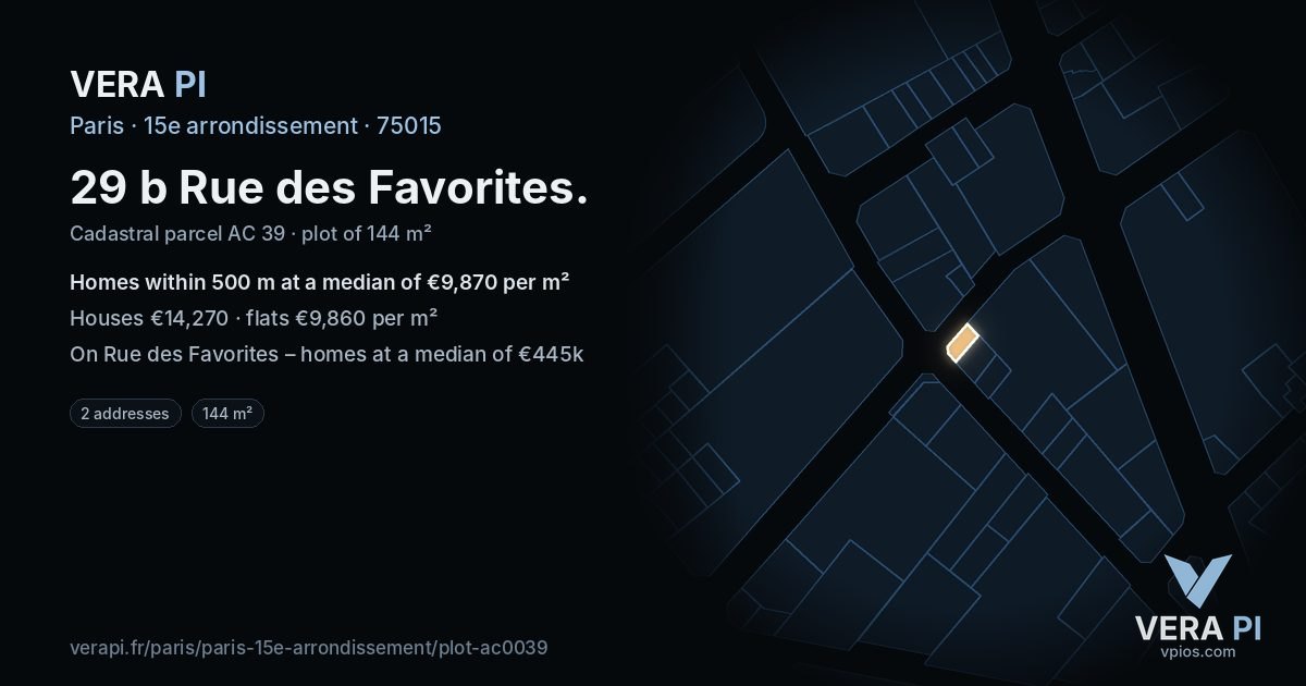 29 b Rue des Favorites, 15e arrondissement at night – the plot lit, the parcels around coloured by the prices near them