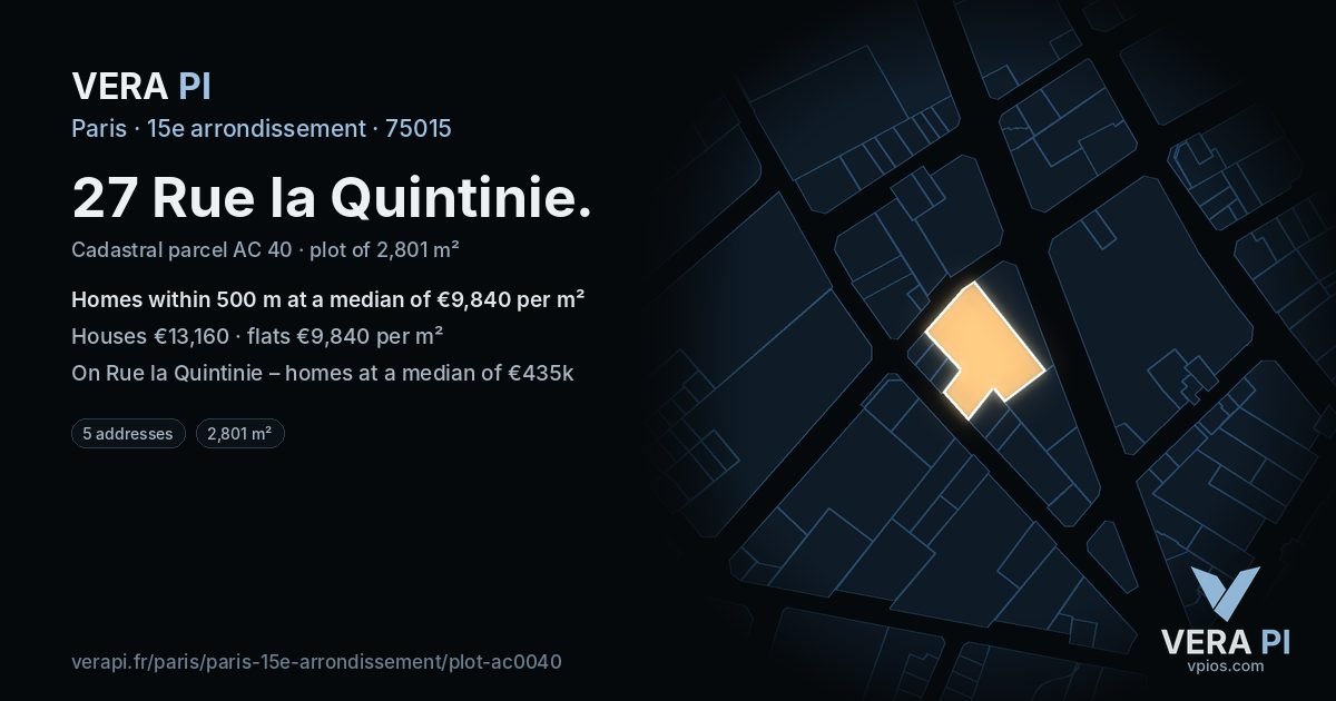 27 Rue la Quintinie, 15e arrondissement at night – the plot lit, the parcels around coloured by the prices near them