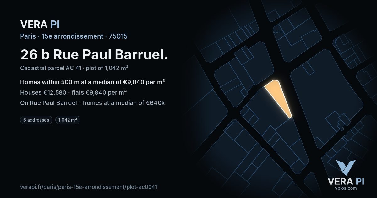 26 b Rue Paul Barruel, 15e arrondissement at night – the plot lit, the parcels around coloured by the prices near them