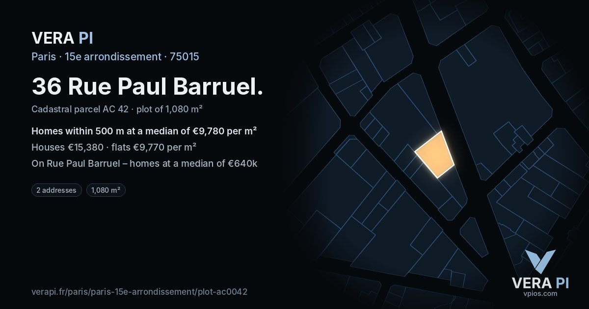36 Rue Paul Barruel, 15e arrondissement at night – the plot lit, the parcels around coloured by the prices near them