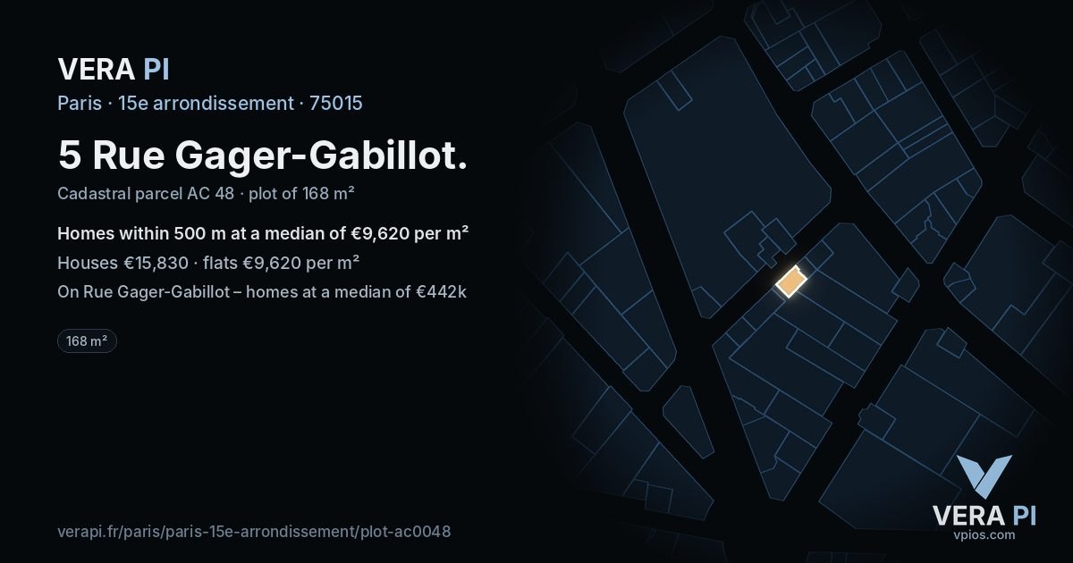 5 Rue Gager-Gabillot, 15e arrondissement at night – the plot lit, the parcels around coloured by the prices near them