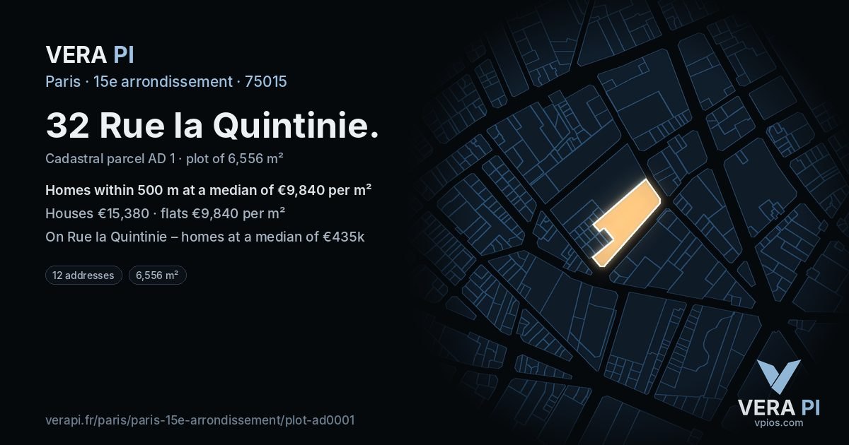 32 Rue la Quintinie, 15e arrondissement at night – the plot lit, the parcels around coloured by the prices near them
