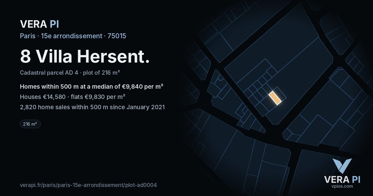 8 Villa Hersent, 15e arrondissement at night – the plot lit, the parcels around coloured by the prices near them
