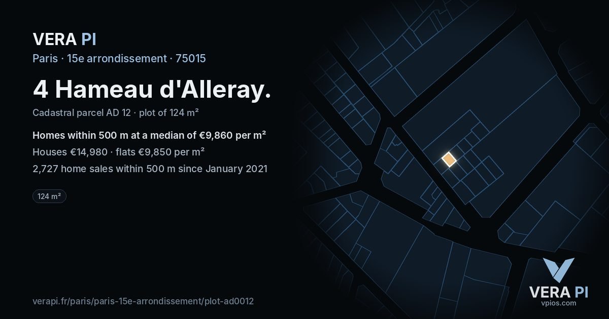 4 Hameau d'Alleray, 15e arrondissement at night – the plot lit, the parcels around coloured by the prices near them