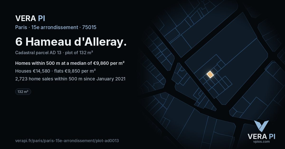 6 Hameau d'Alleray, 15e arrondissement at night – the plot lit, the parcels around coloured by the prices near them
