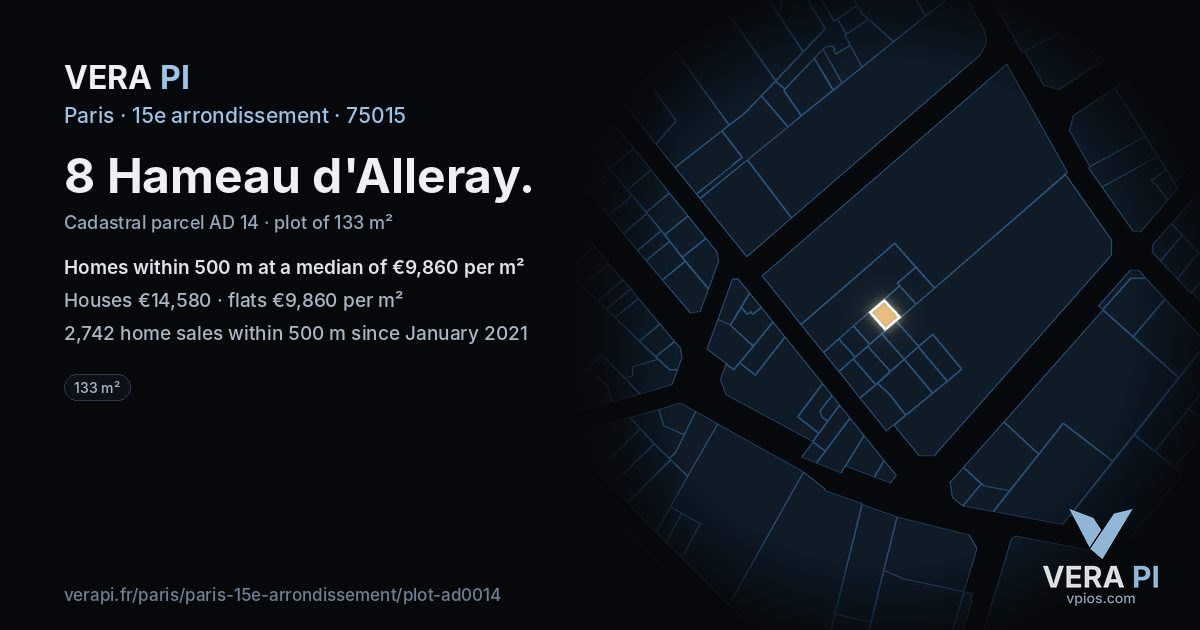 8 Hameau d'Alleray, 15e arrondissement at night – the plot lit, the parcels around coloured by the prices near them
