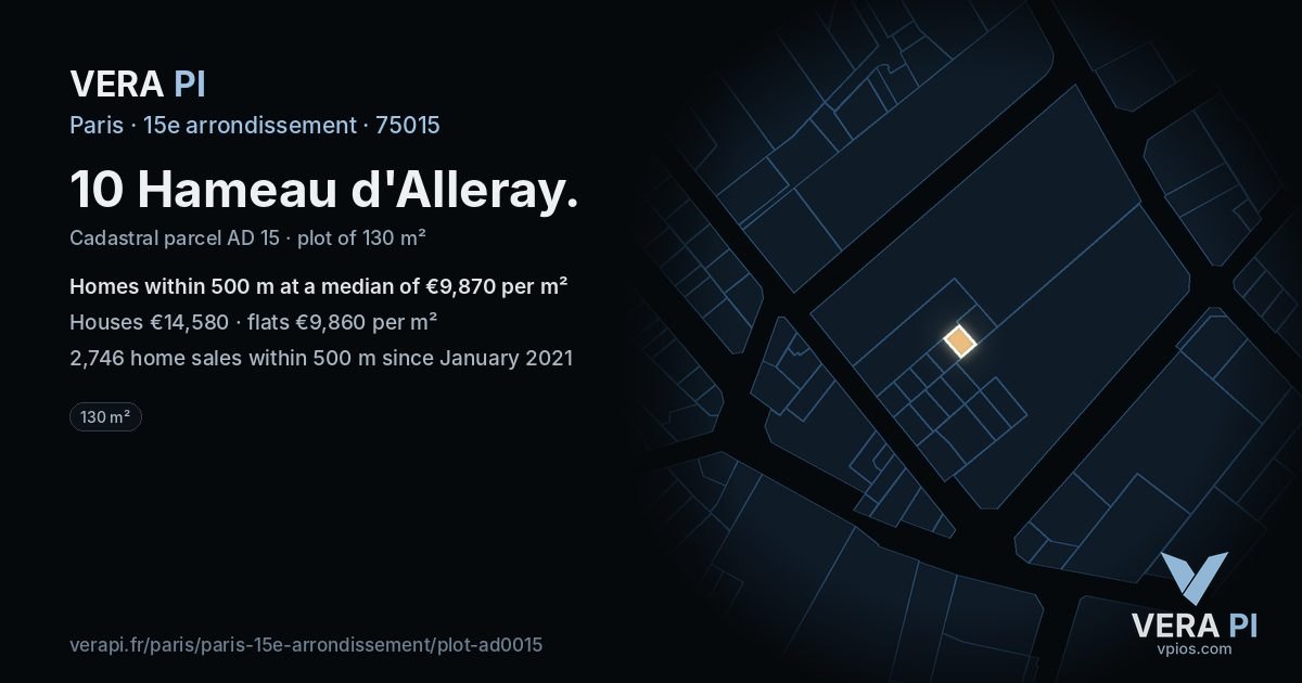 10 Hameau d'Alleray, 15e arrondissement at night – the plot lit, the parcels around coloured by the prices near them