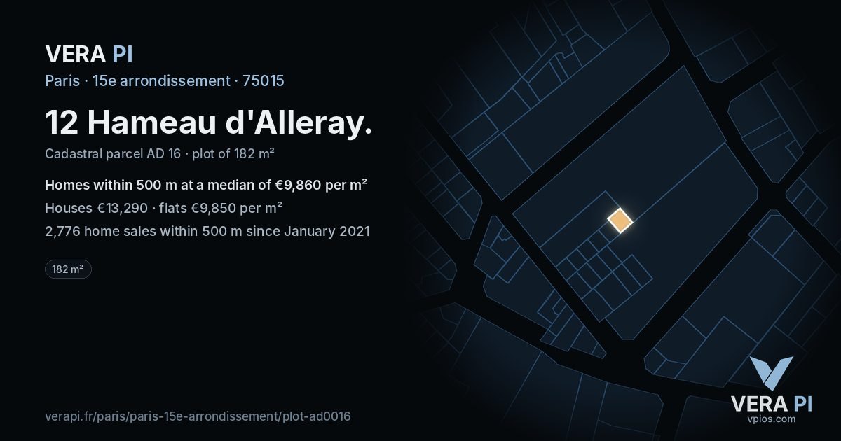 12 Hameau d'Alleray, 15e arrondissement at night – the plot lit, the parcels around coloured by the prices near them