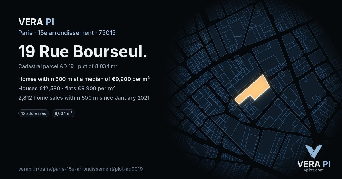 19 Rue Bourseul, 15e arrondissement at night – the plot lit, the parcels around coloured by the prices near them