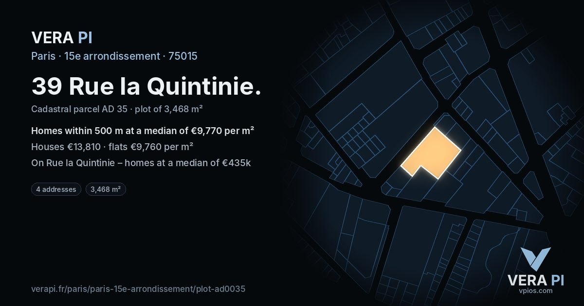 39 Rue la Quintinie, 15e arrondissement at night – the plot lit, the parcels around coloured by the prices near them