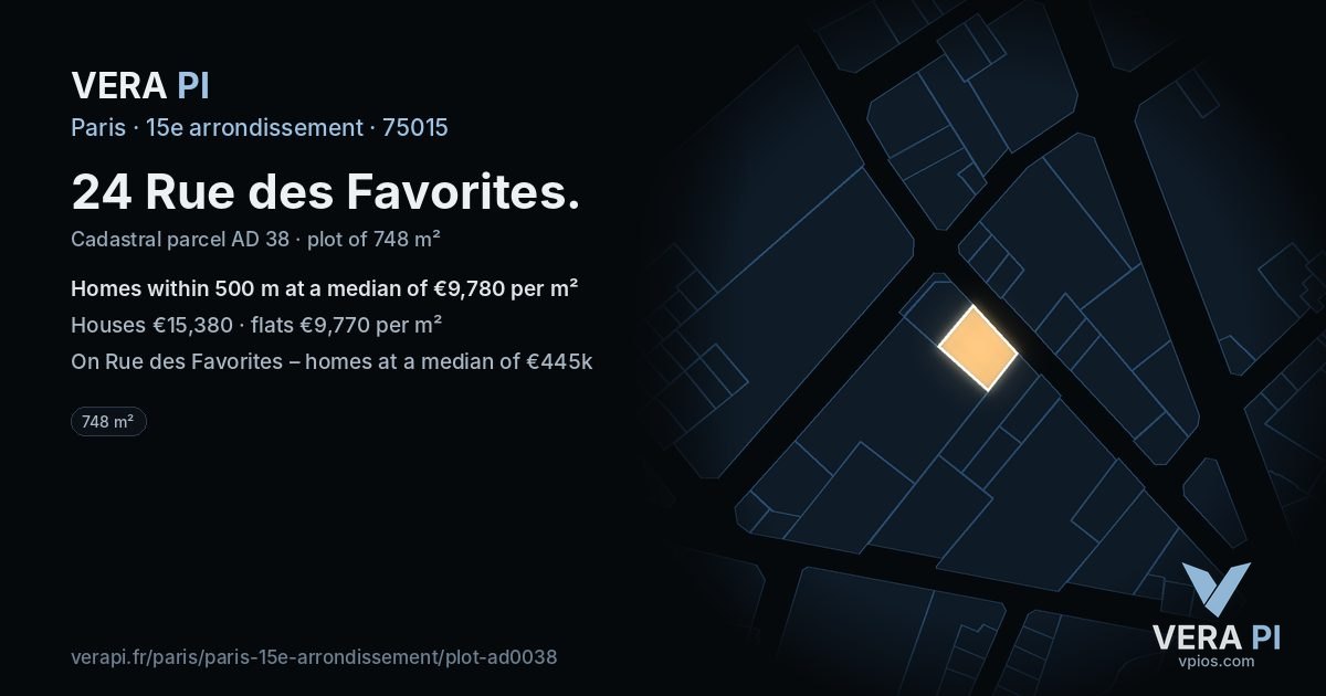 24 Rue des Favorites, 15e arrondissement at night – the plot lit, the parcels around coloured by the prices near them