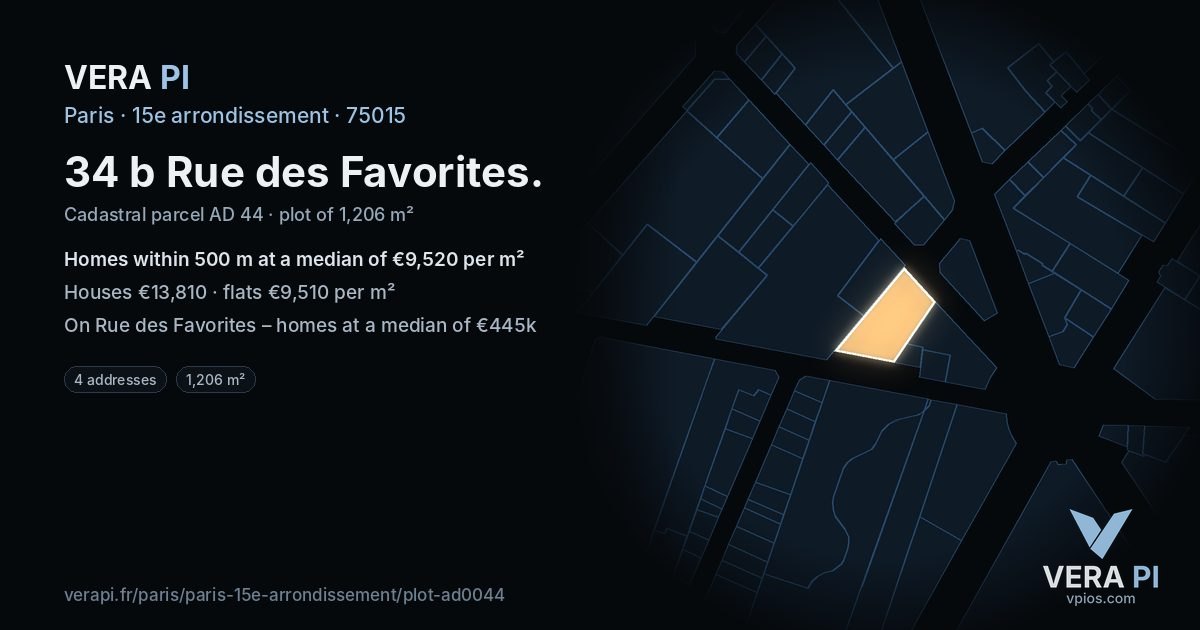 34 b Rue des Favorites, 15e arrondissement at night – the plot lit, the parcels around coloured by the prices near them
